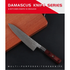 Kuchynský nôž z Damaškovej ocele, rúčka farbené drevo